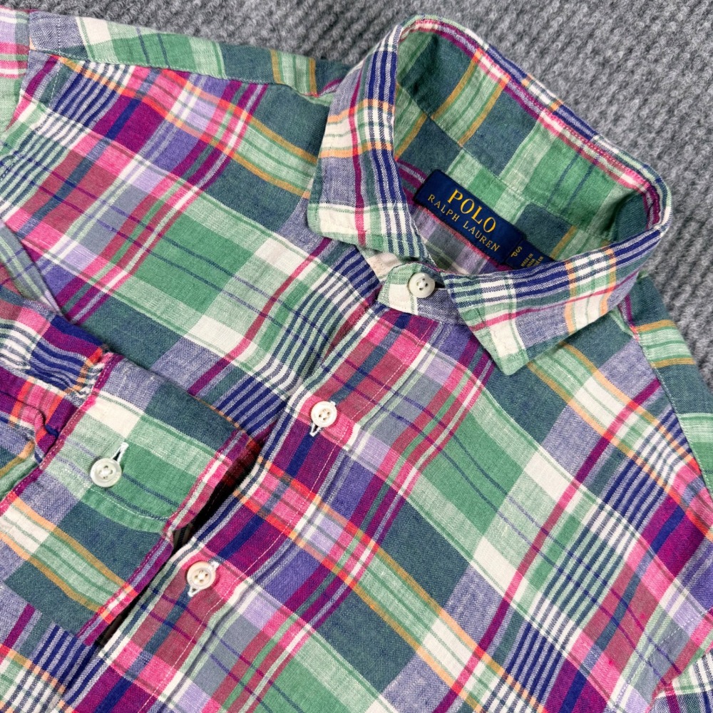 Polo Ralph Lauren Mens Small Linen Plaid Button Down Shirt Green Purple Pink